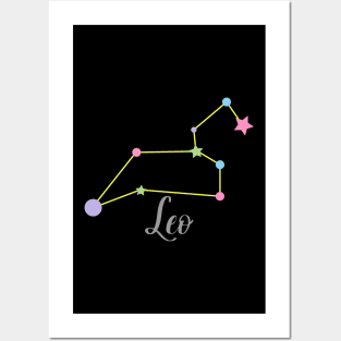 Leo Zodiac Constellation in Rainbow Pastels - Black Posters and Art